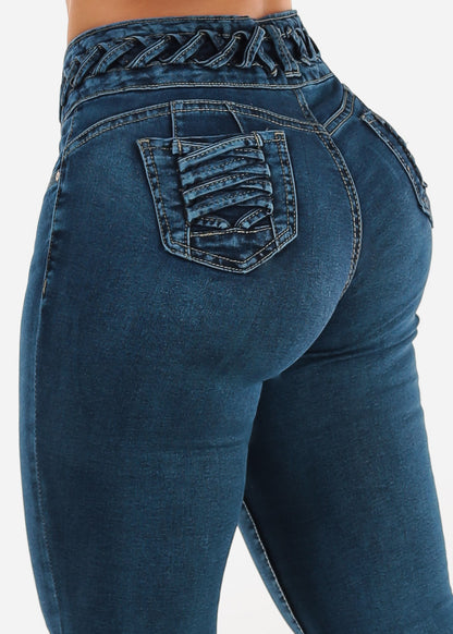 Butt Lift High Waist Skinny Jeans Blue w Lace Up Design