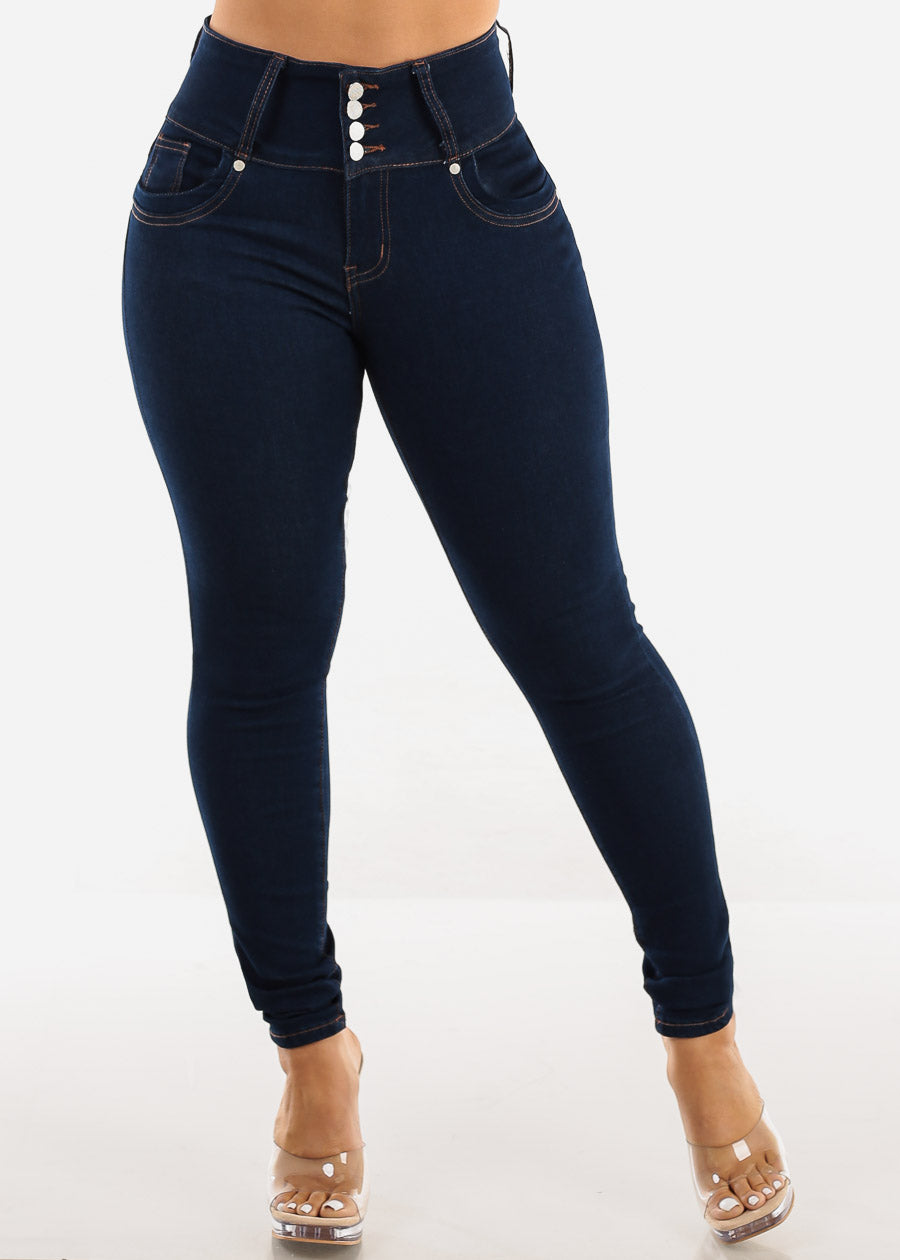 Dark Wash High Waist Butt Lifting Skinny Jeans w Pocket Design