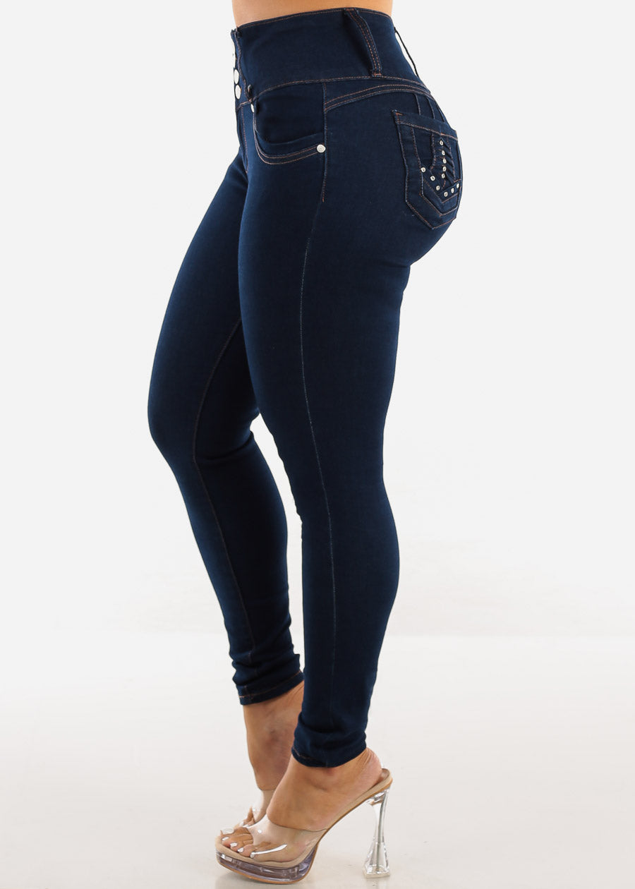 Dark Wash High Waist Butt Lifting Skinny Jeans w Pocket Design