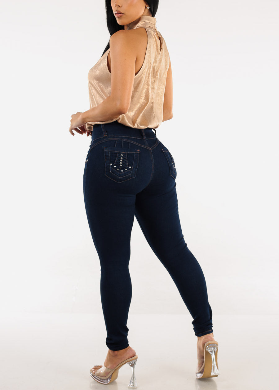 Dark Wash High Waist Butt Lifting Skinny Jeans w Pocket Design