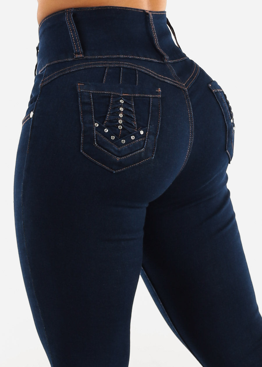 Dark Wash High Waist Butt Lifting Skinny Jeans w Pocket Design