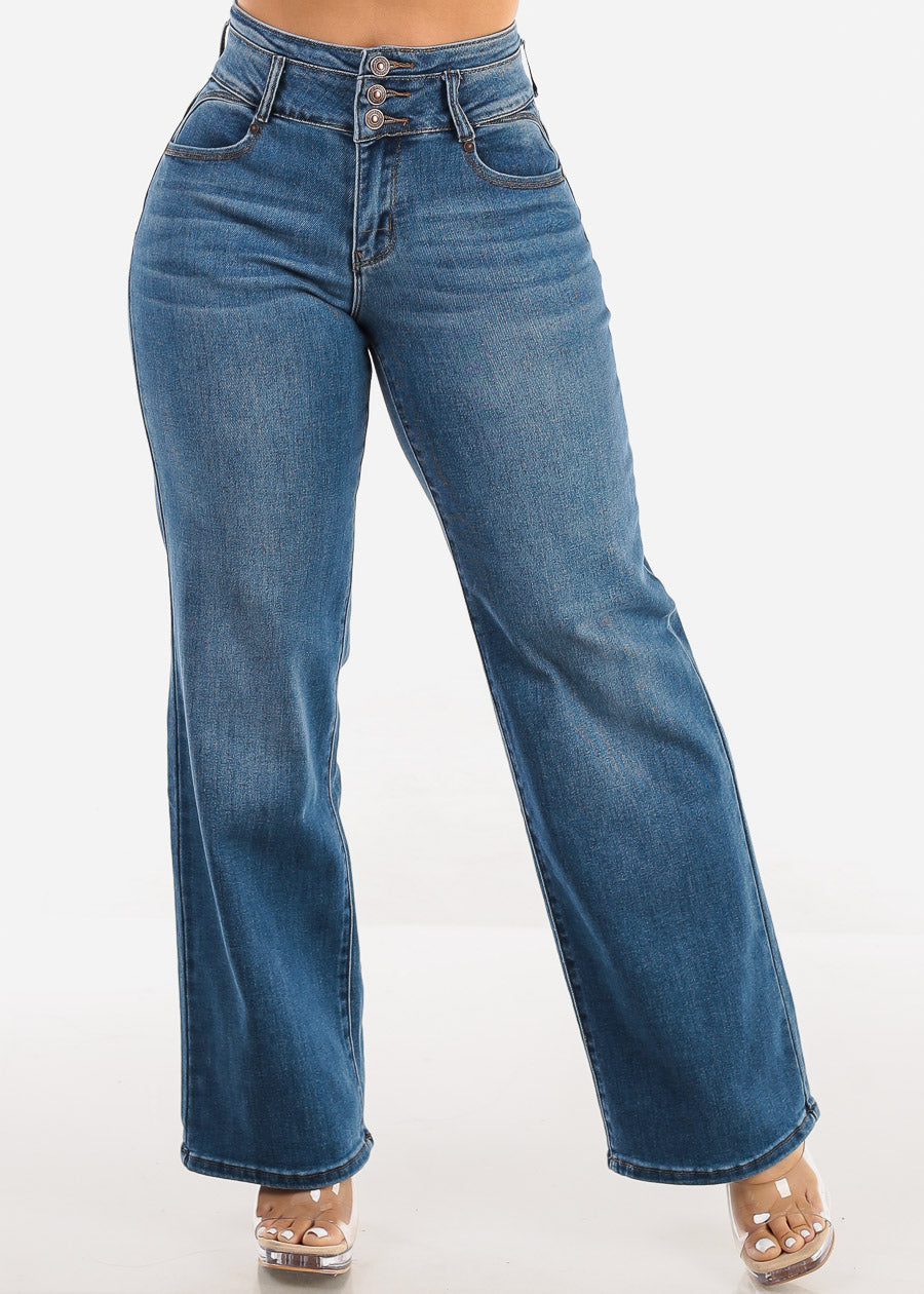 Butt Lift Straight Wide Leg Stretch Jeans Med Dark Blue