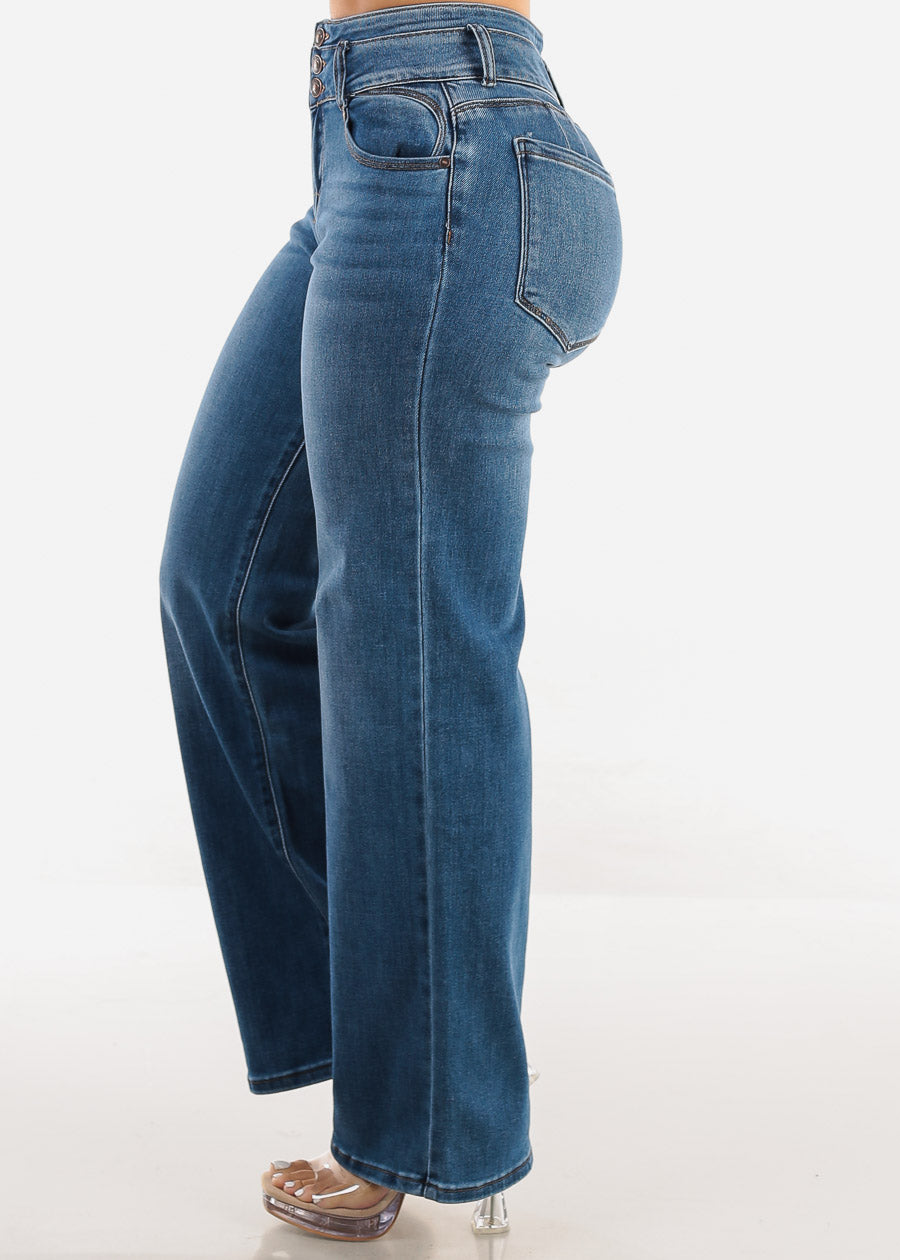 Butt Lift Straight Wide Leg Stretch Jeans Med Dark Blue