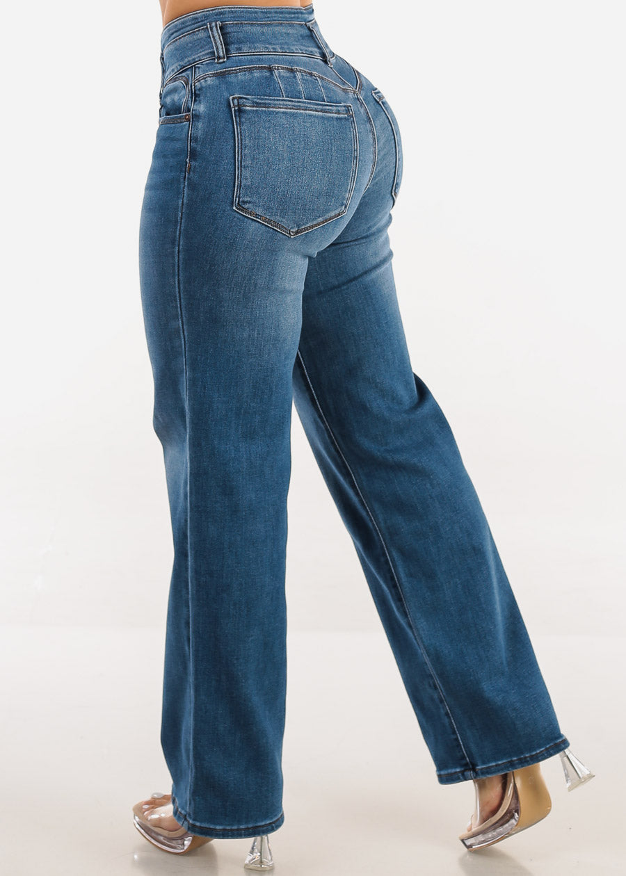 Butt Lift Straight Wide Leg Stretch Jeans Med Dark Blue