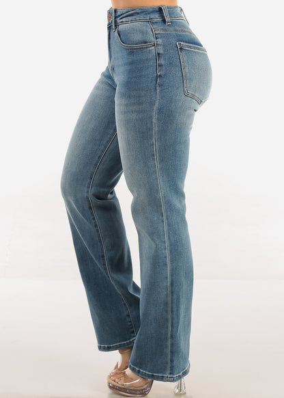 Stretchy High Waist Straight Wide Leg Jeans Stone Blue