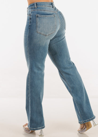 Stretchy High Waist Straight Wide Leg Jeans Stone Blue