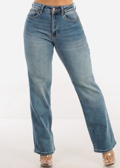 Stretchy High Waist Straight Wide Leg Jeans Stone Blue