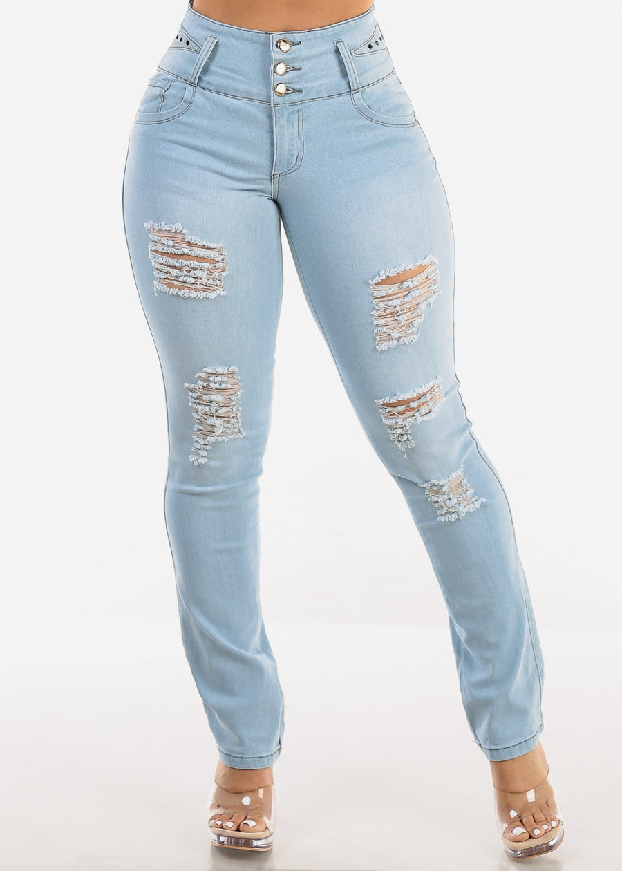 Butt Lift Super High Waist Ripped Slim Straight Jeans Light Blue