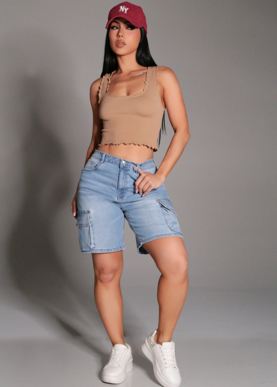 Super High Waist Stretch Cargo Bermuda Denim Shorts Light Blue