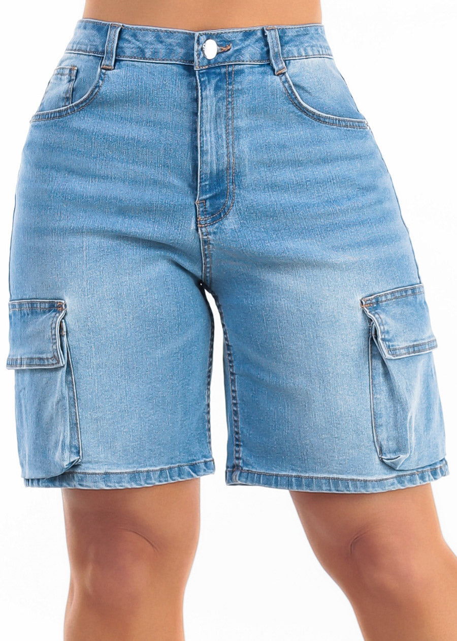 Super High Waist Stretch Cargo Bermuda Denim Shorts Light Blue