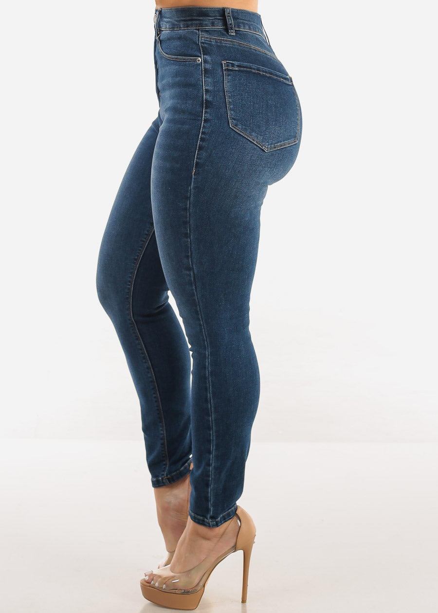 Super High Waist 1 Button Skinny Jeans Med Wash