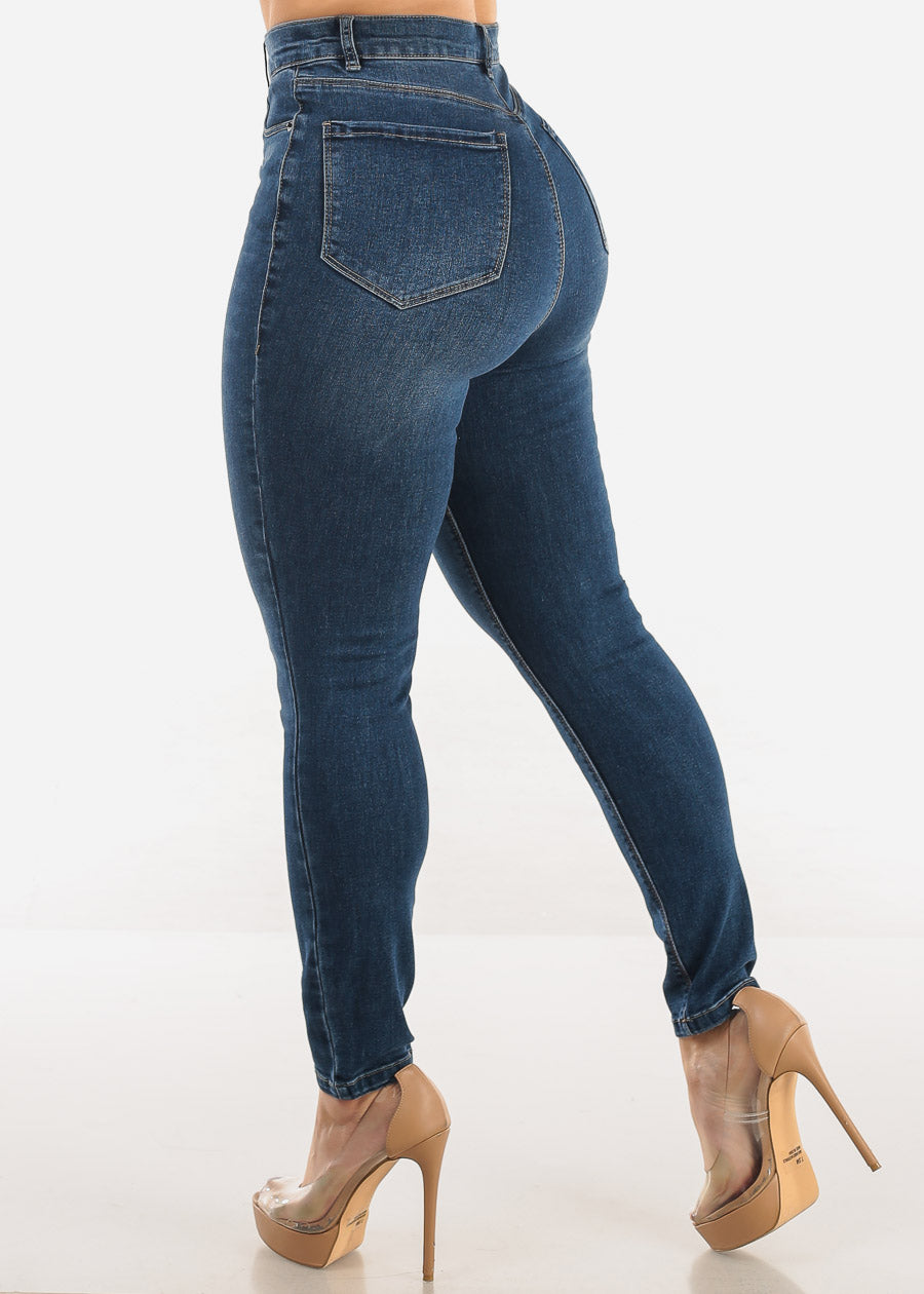 Super High Waist 1 Button Skinny Jeans Med Wash