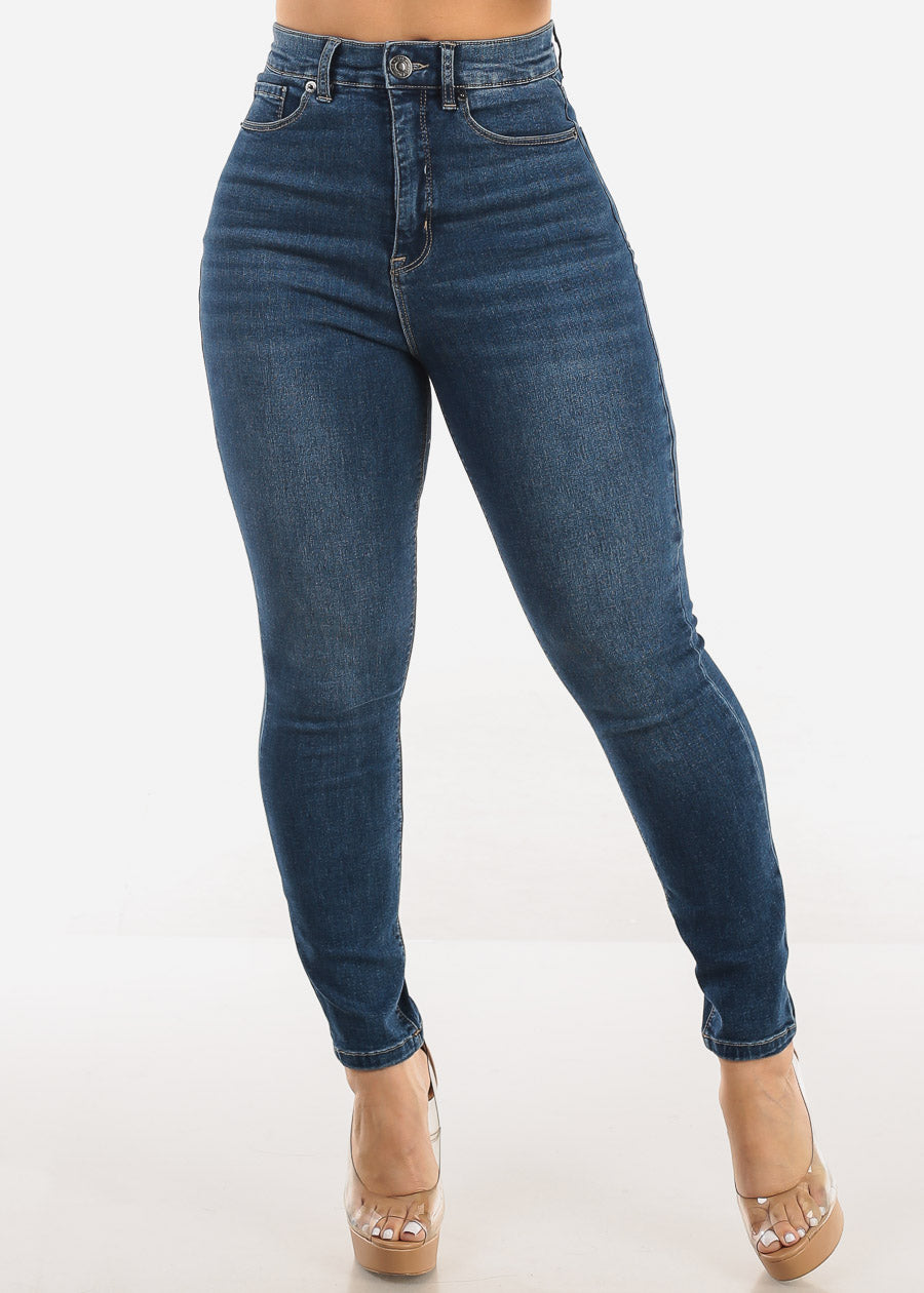 Super High Waist 1 Button Skinny Jeans Med Wash