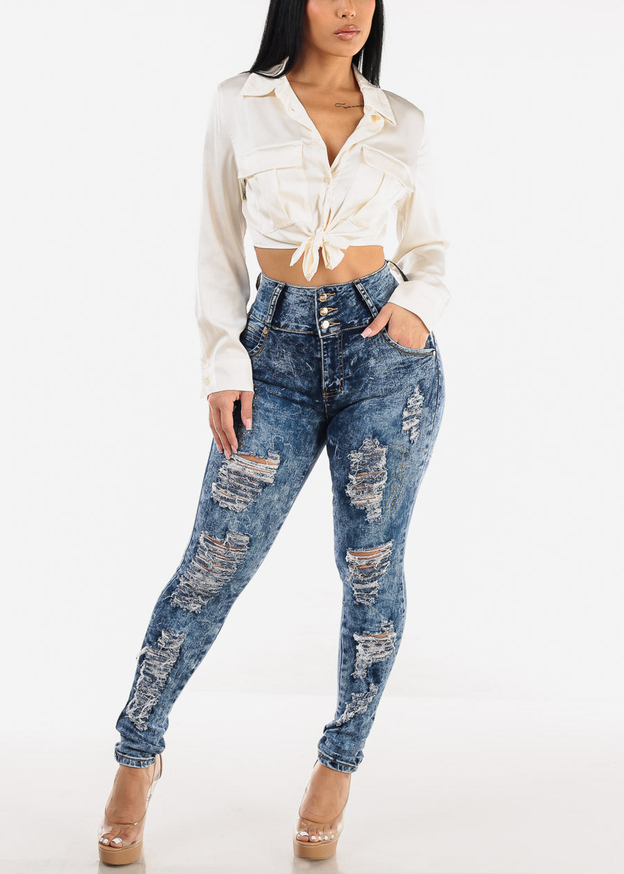 Butt Lift Super High Waist Ripped Skinny Jeans Acid Wash