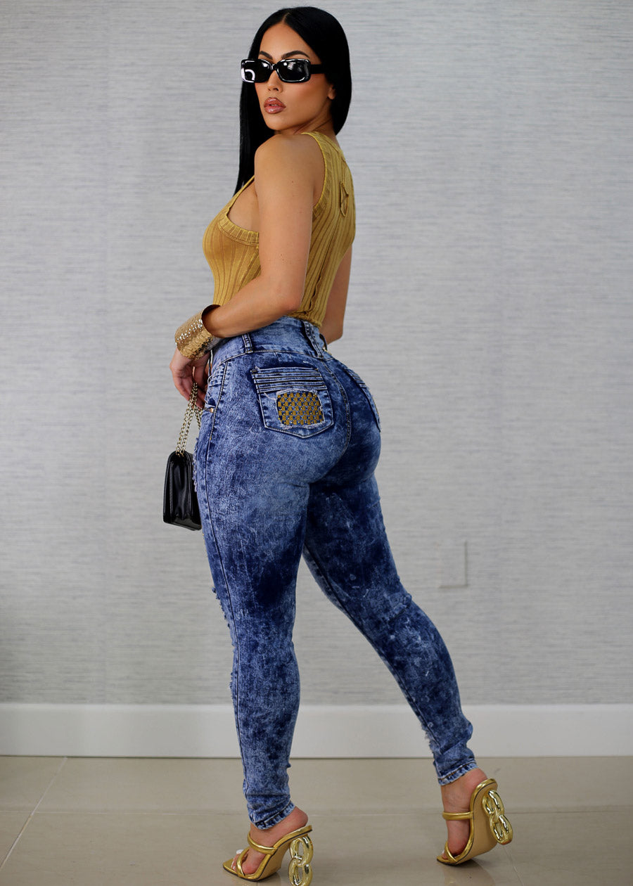 Butt Lift Super High Waist Ripped Skinny Jeans Acid Wash