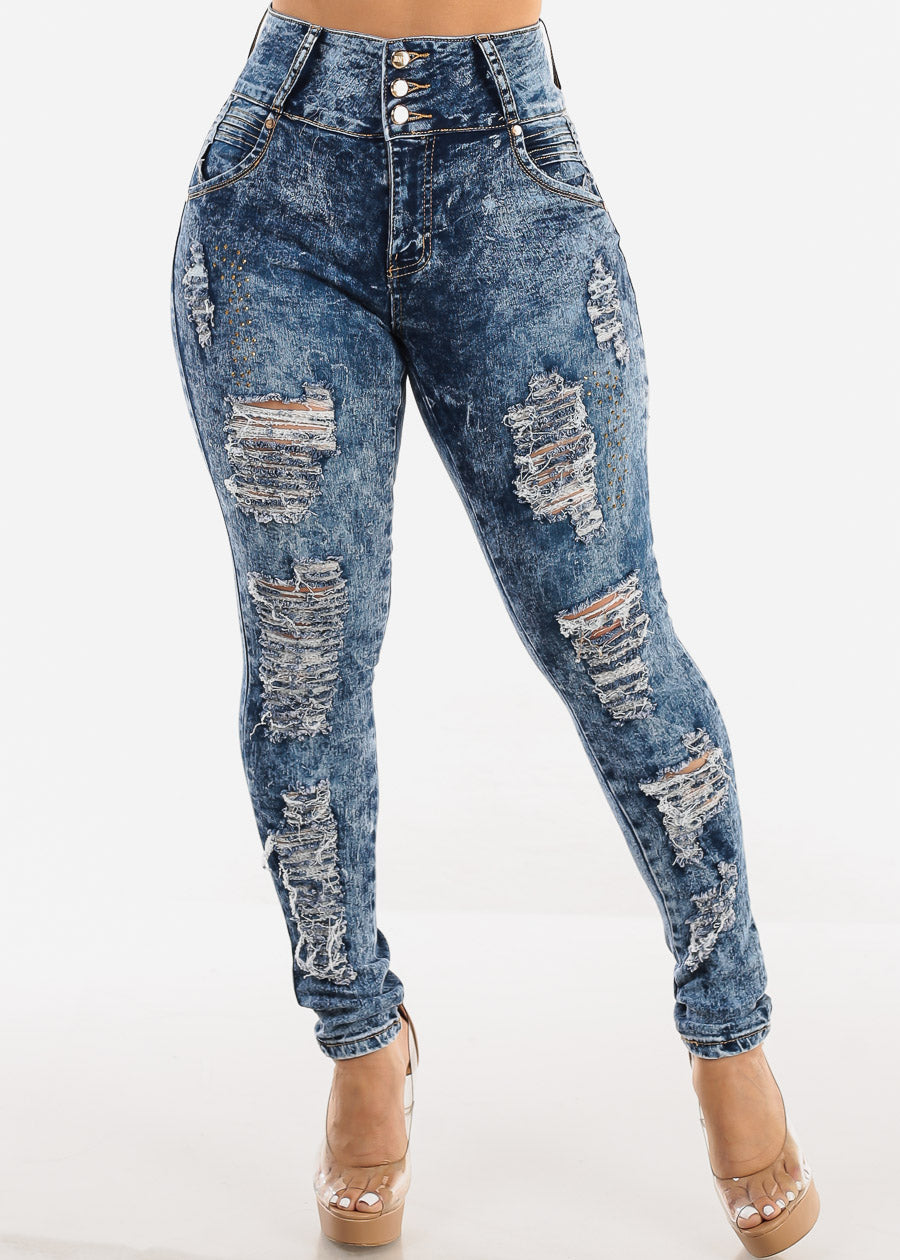 Butt Lift Super High Waist Ripped Skinny Jeans Acid Wash