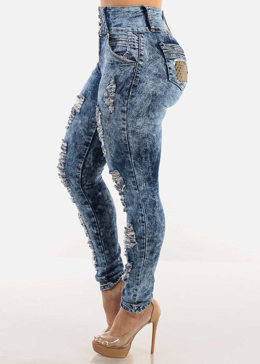 Butt Lift Super High Waist Ripped Skinny Jeans Acid Wash