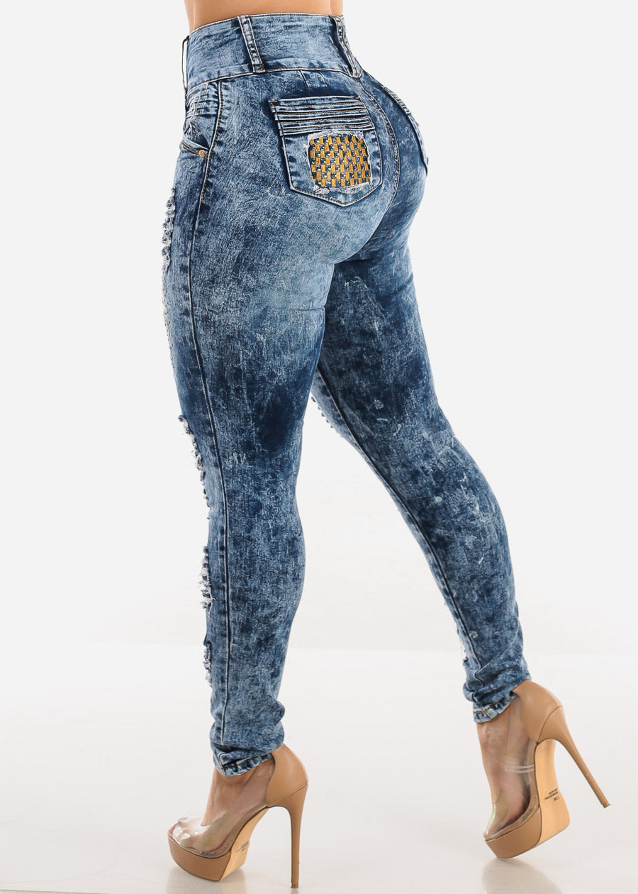 Butt Lift Super High Waist Ripped Skinny Jeans Acid Wash