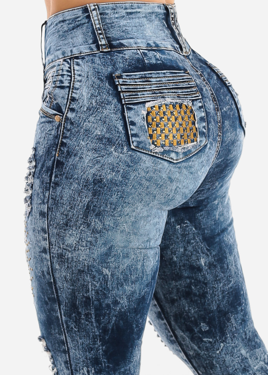 Butt Lift Super High Waist Ripped Skinny Jeans Acid Wash