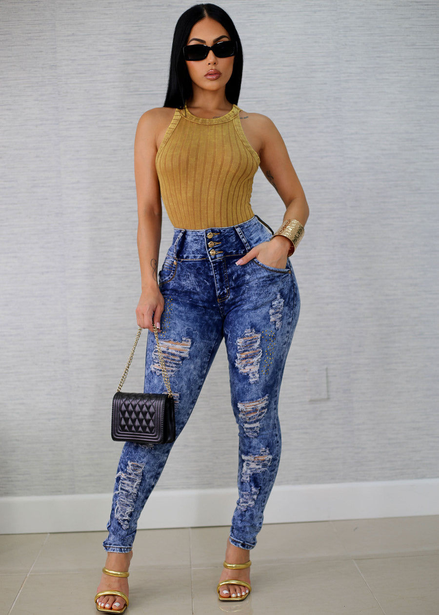 Crewneck Ribbed Cami Top Mustard