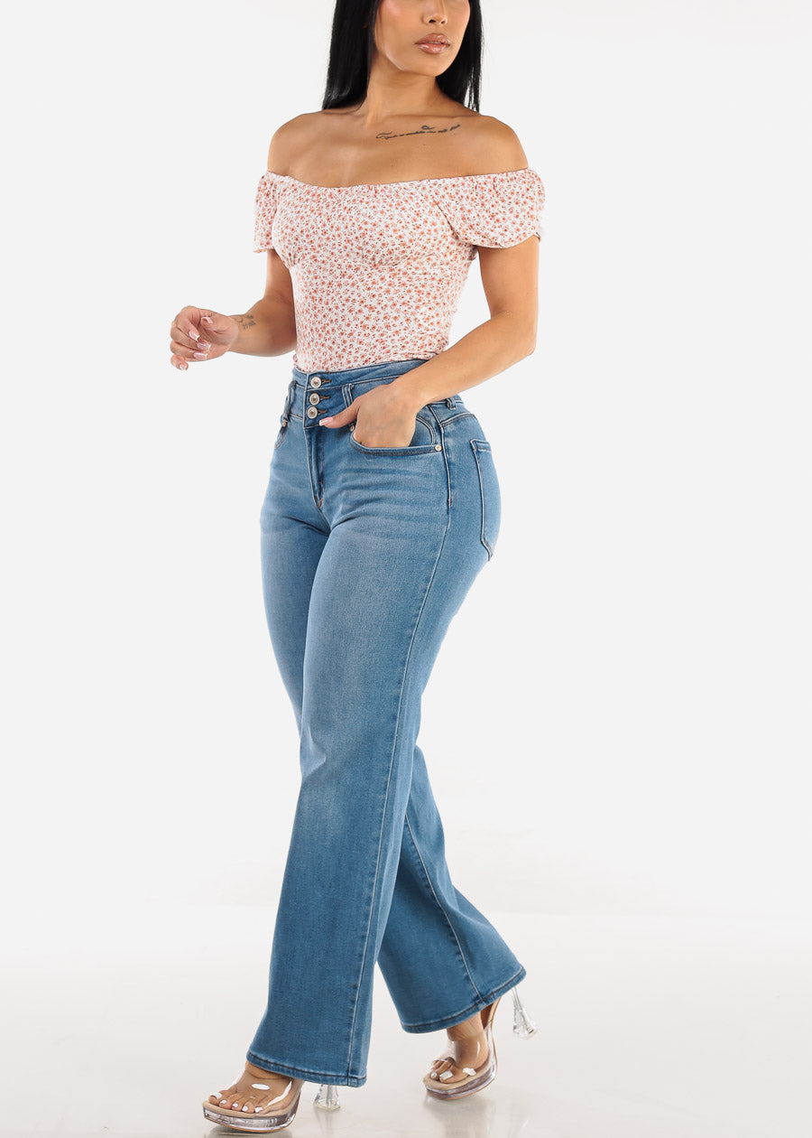 Butt Lift Straight Wide Leg Stretch Jeans Light Blue