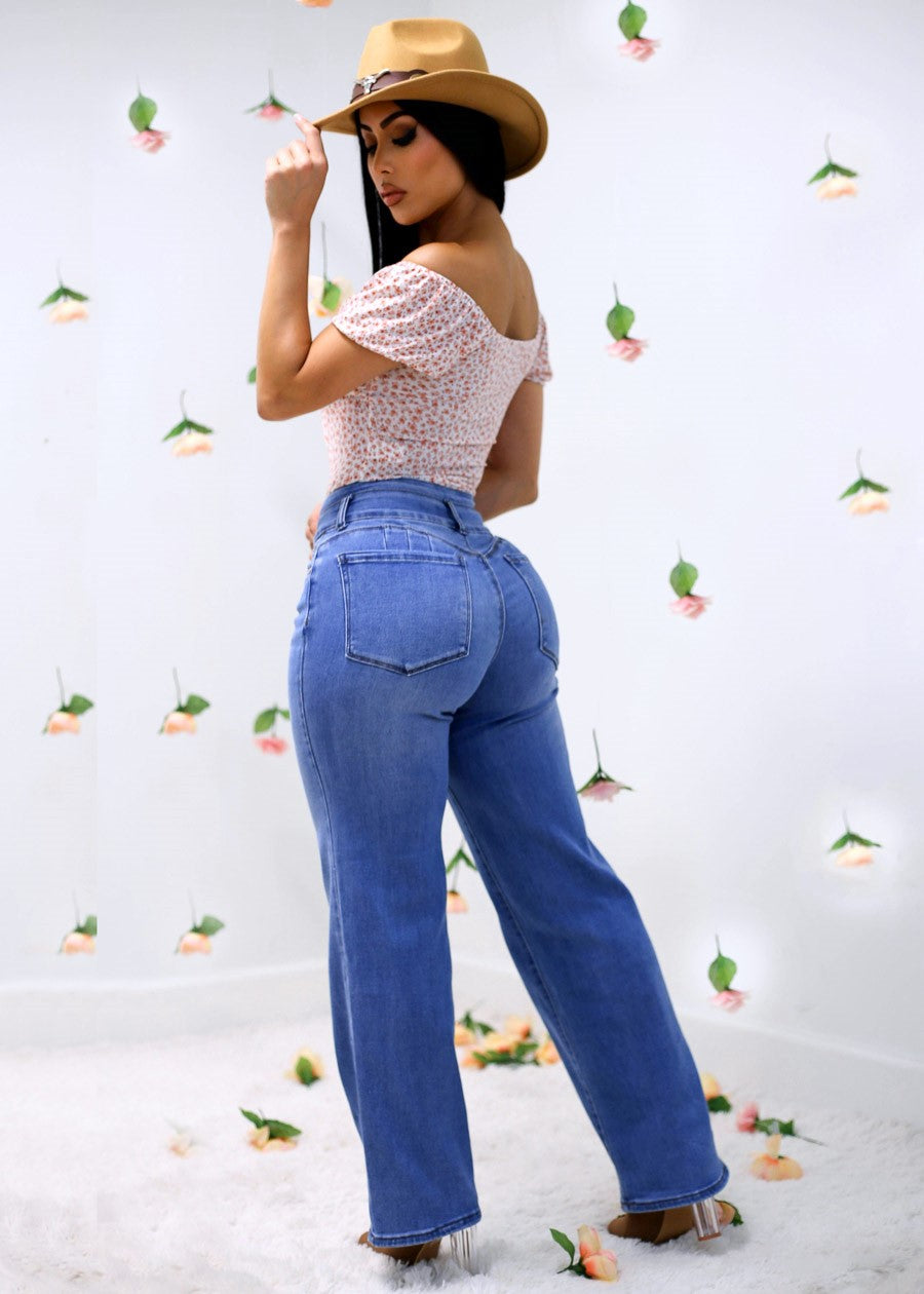 Butt Lift Straight Wide Leg Stretch Jeans Light Blue