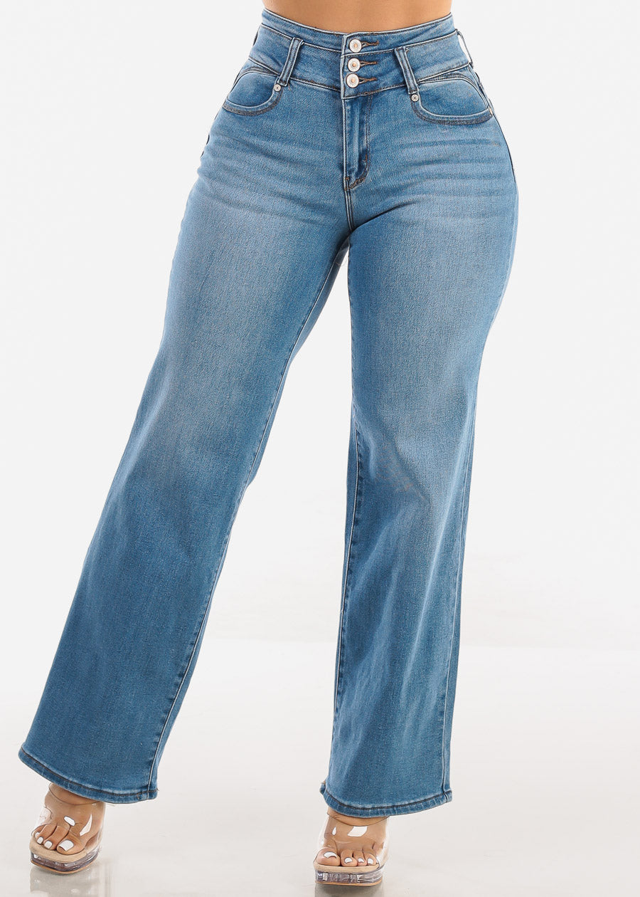 Butt Lift Straight Wide Leg Stretch Jeans Light Blue