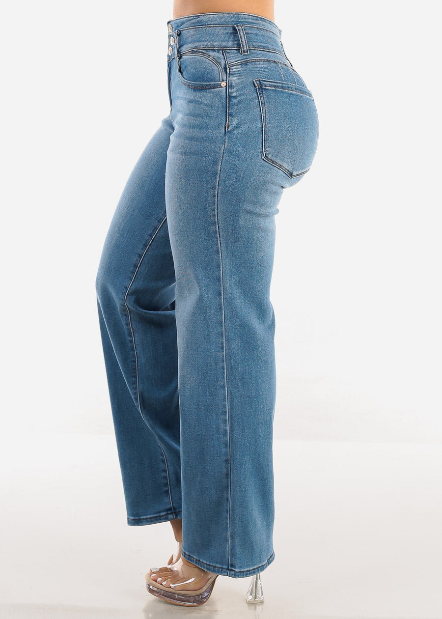 Butt Lift Straight Wide Leg Stretch Jeans Light Blue