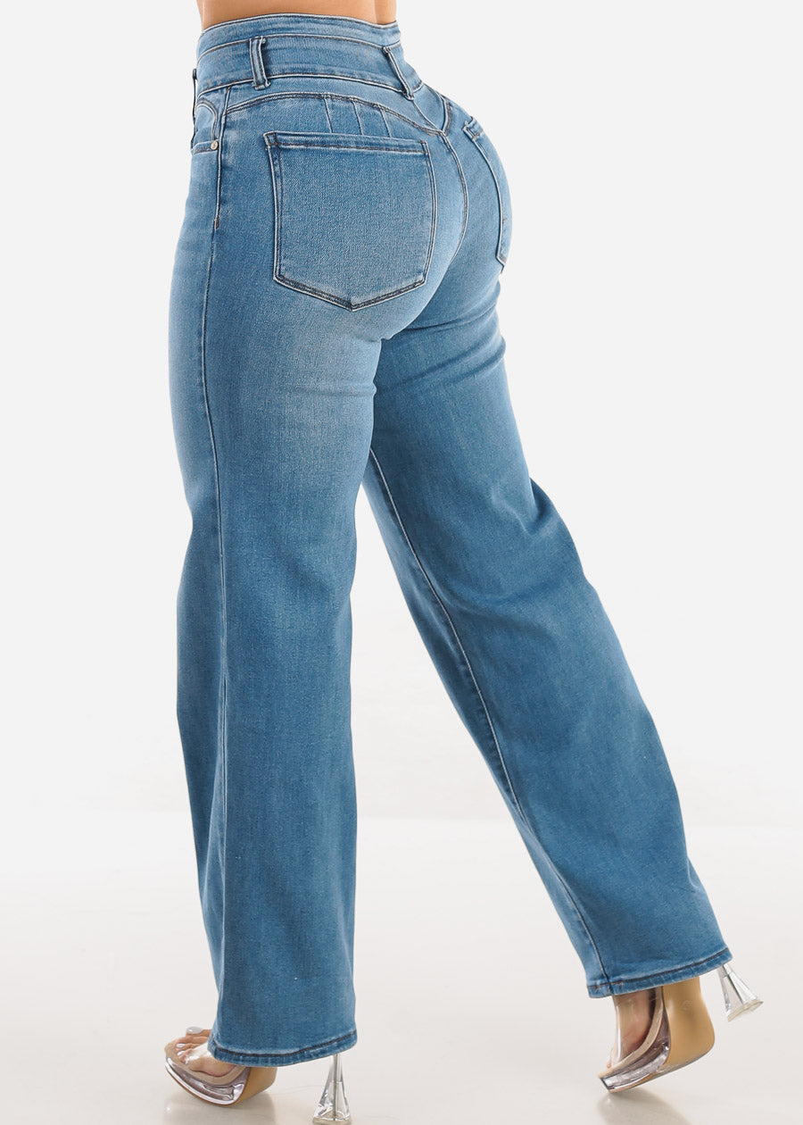 Butt Lift Straight Wide Leg Stretch Jeans Light Blue