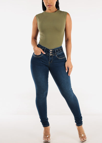 Butt Lift High Waist Skinny Jeans Dark Wash w Lace Up Design