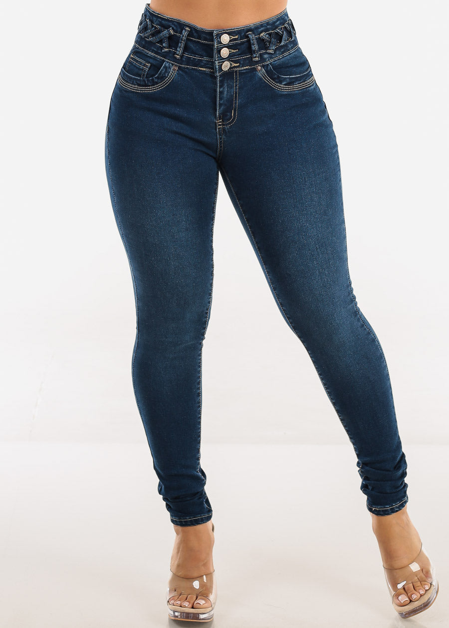 Butt Lift High Waist Skinny Jeans Dark Wash w Lace Up Design