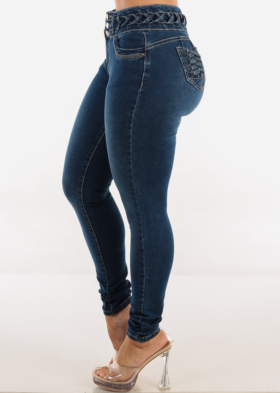 Butt Lift High Waist Skinny Jeans Dark Wash w Lace Up Design