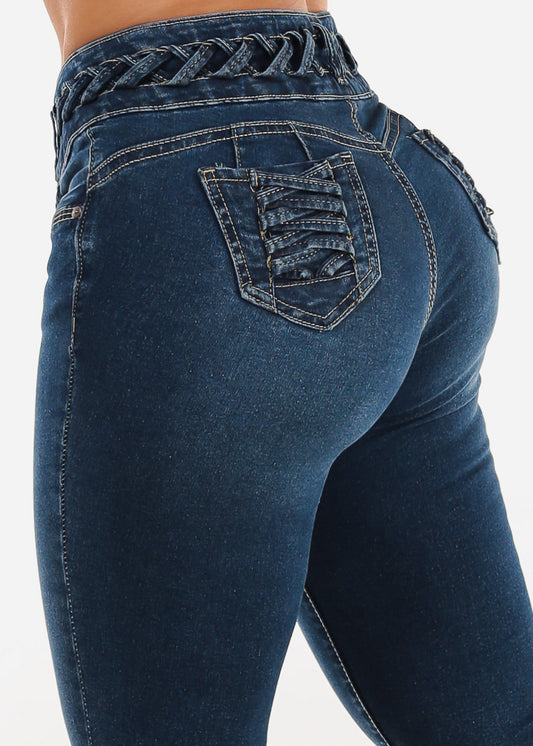 Butt Lift High Waist Skinny Jeans Dark Wash w Lace Up Design