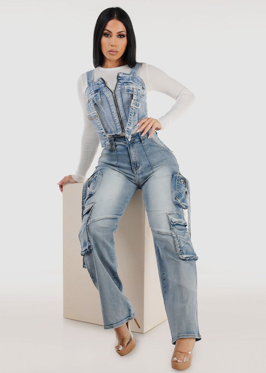 High Waist Straight Wide Leg Stretch Cargo Jeans Acid Wash