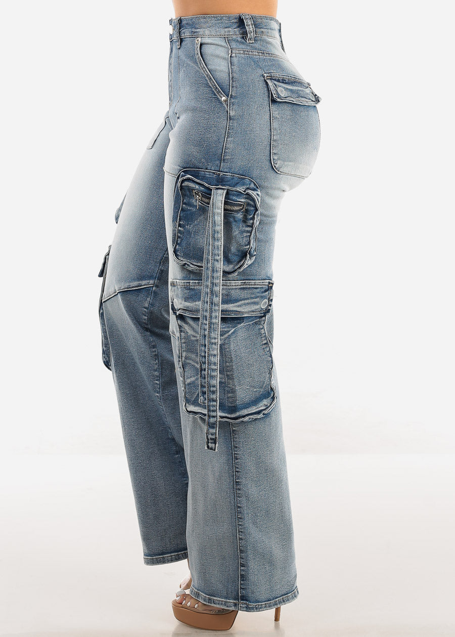 High Waist Straight Wide Leg Stretch Cargo Jeans Acid Wash