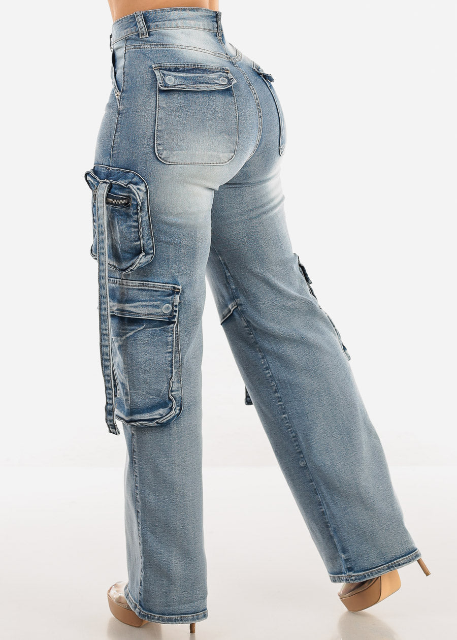 High Waist Straight Wide Leg Stretch Cargo Jeans Acid Wash