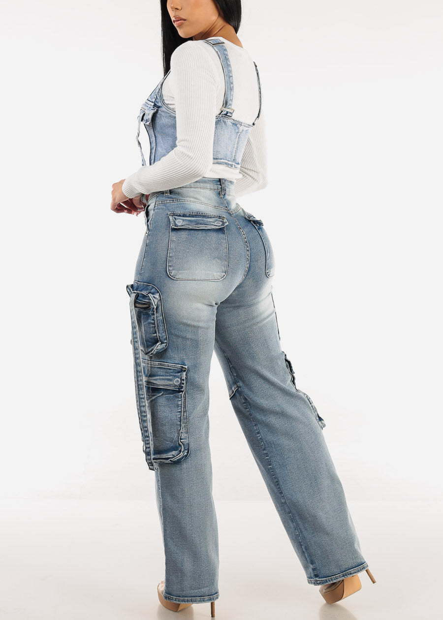 High Waist Straight Wide Leg Stretch Cargo Jeans Acid Wash