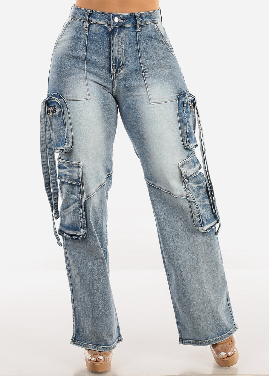 High Waist Straight Wide Leg Stretch Cargo Jeans Acid Wash