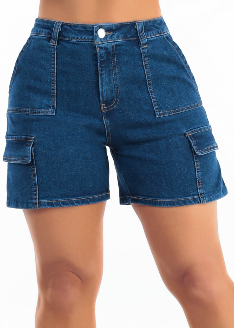 Butt Lift High Waist Stretch Mid Thigh Cargo Denim Shorts Dark Wash