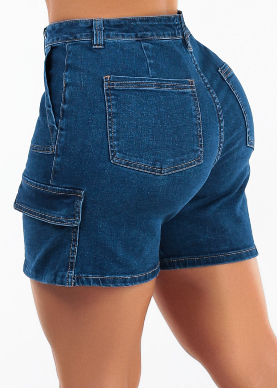 Butt Lift High Waist Stretch Mid Thigh Cargo Denim Shorts Dark Wash