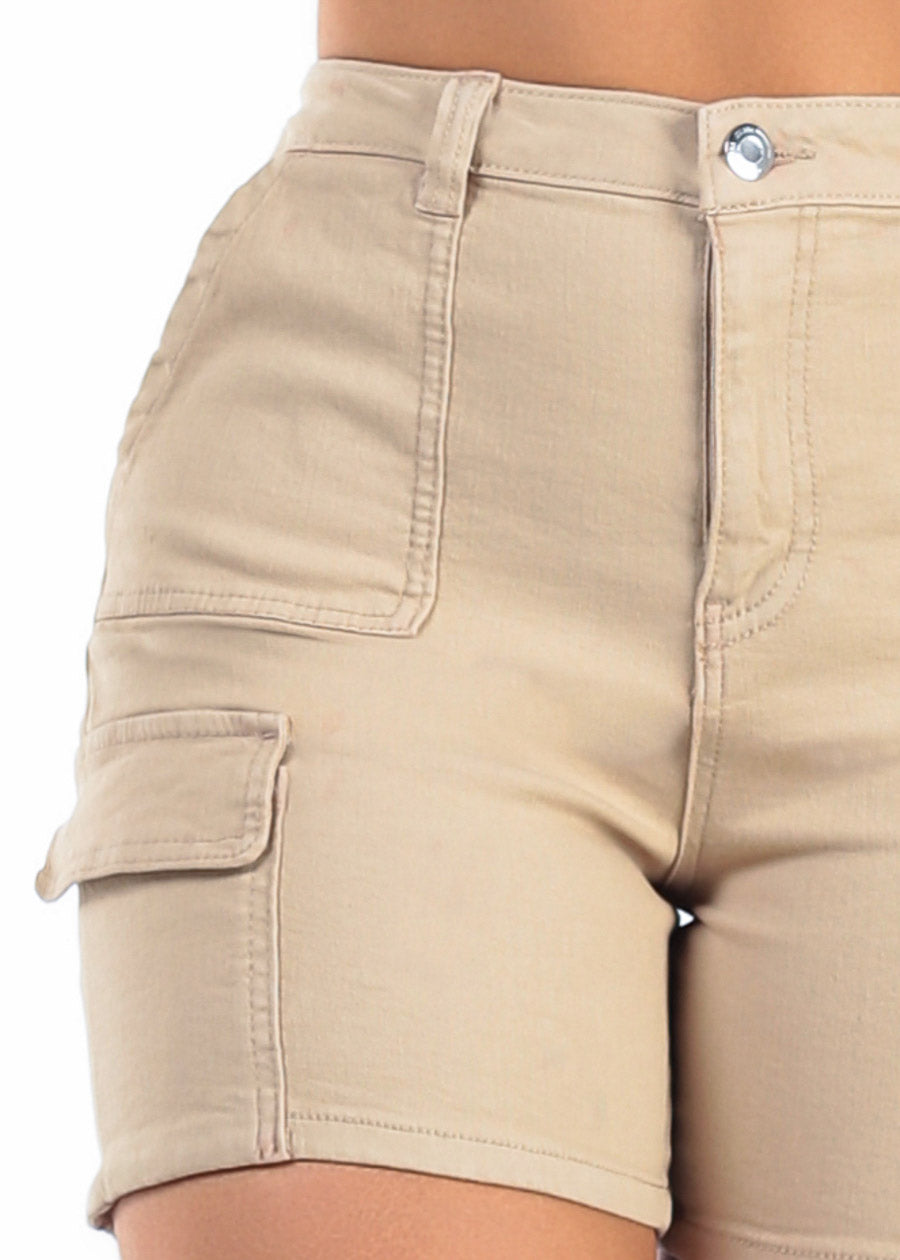 Butt Lift High Waist Stretch Mid Thigh Cargo Denim Shorts Khaki