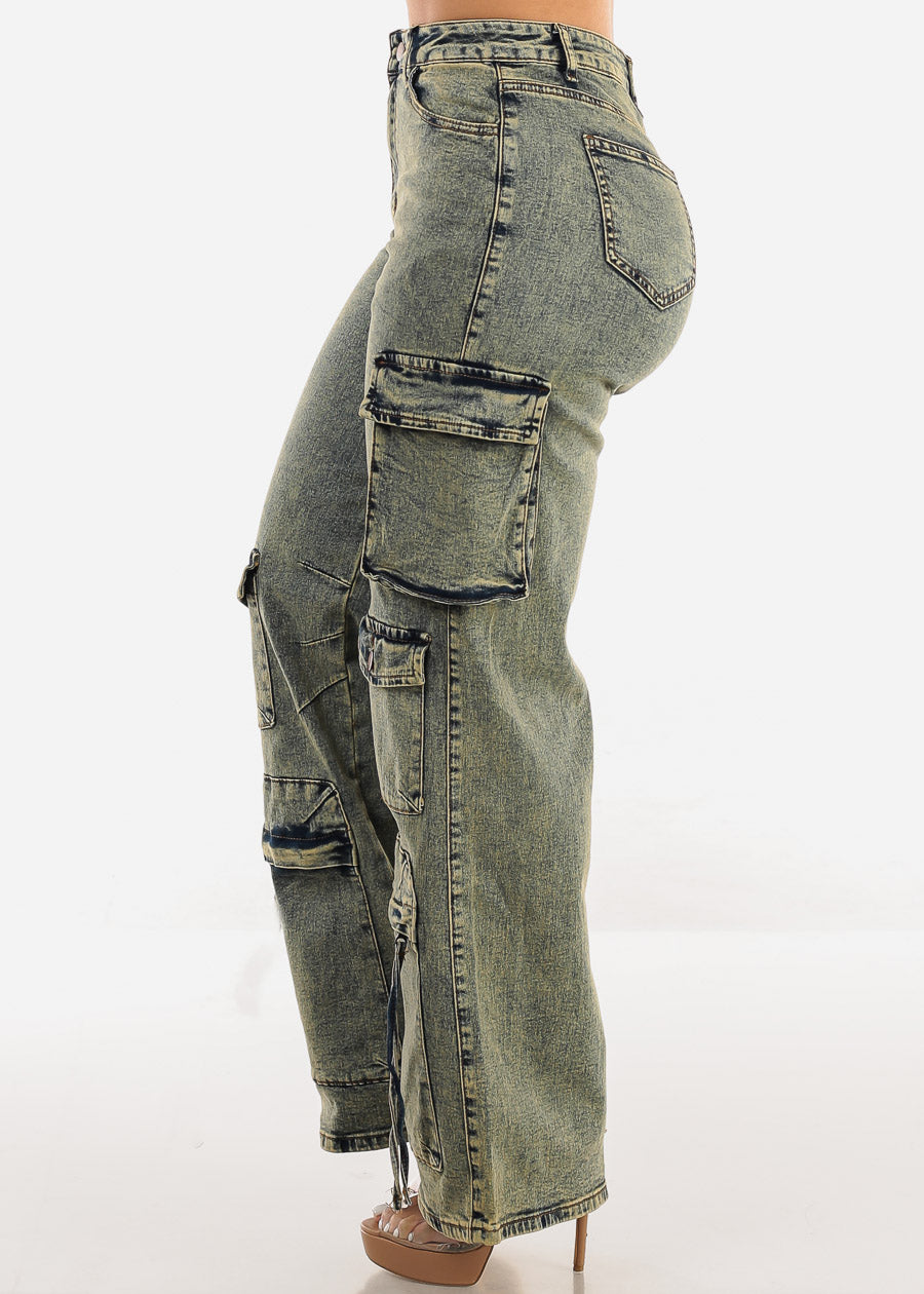 High Waist Acid Wash Straight Wide Leg Cargo Jeans