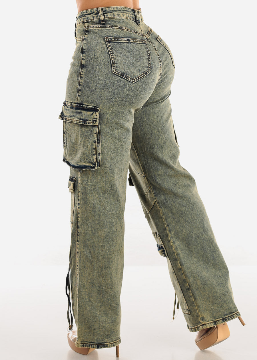 High Waist Acid Wash Straight Wide Leg Cargo Jeans