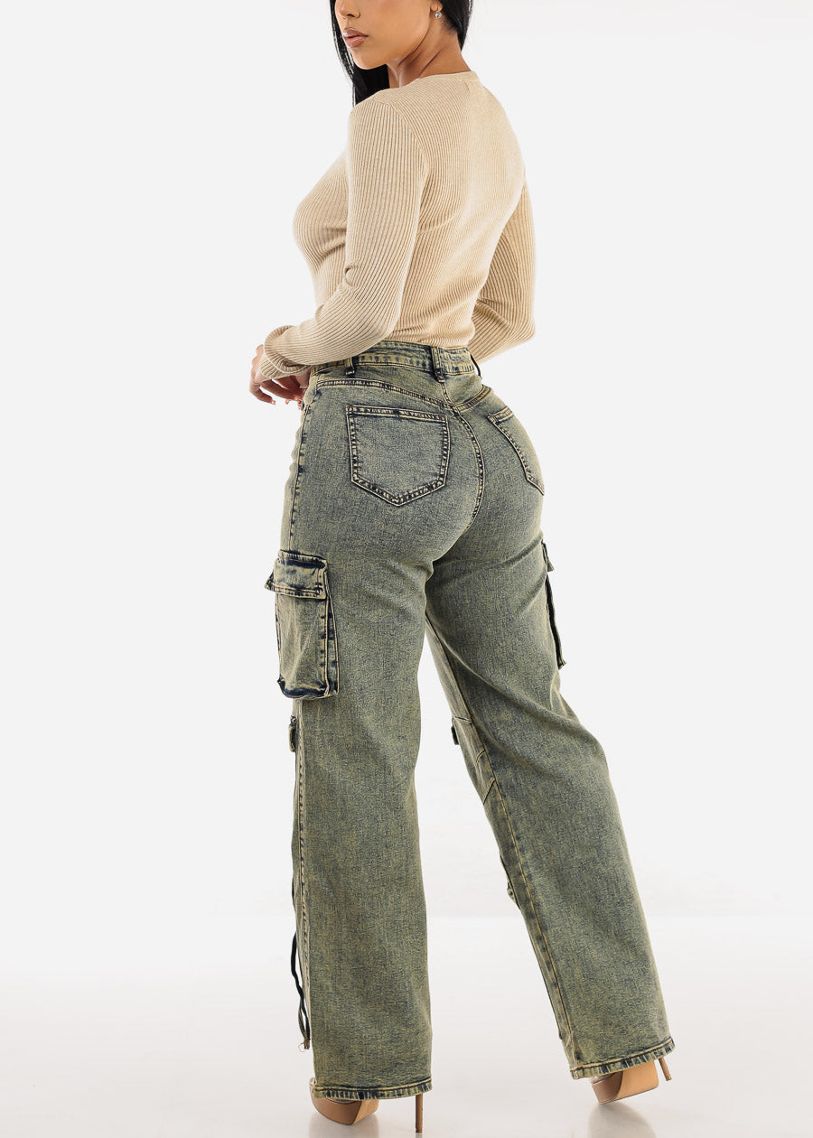 High Waist Acid Wash Straight Wide Leg Cargo Jeans