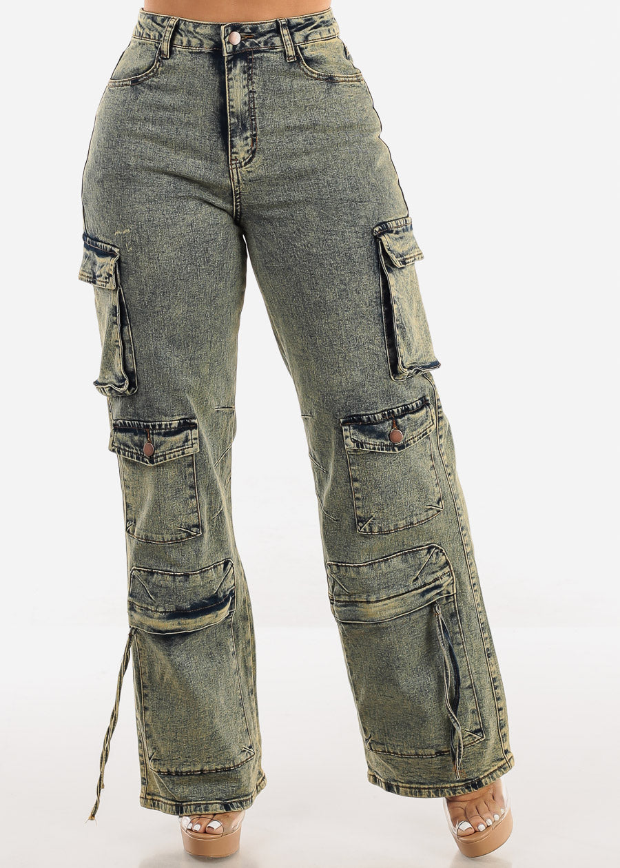 High Waist Acid Wash Straight Wide Leg Cargo Jeans