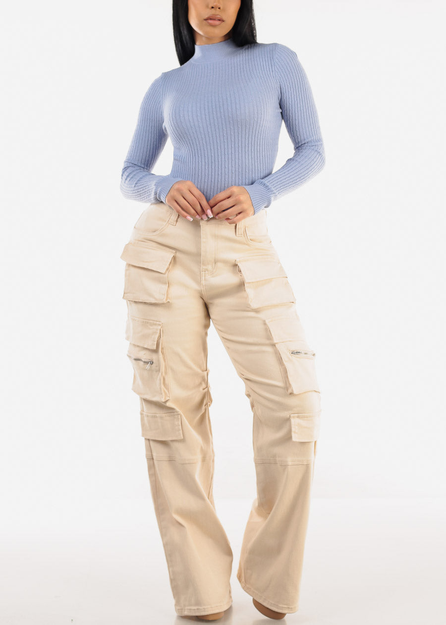 High Waist Straight Wide Leg Cargo Jeans Cream