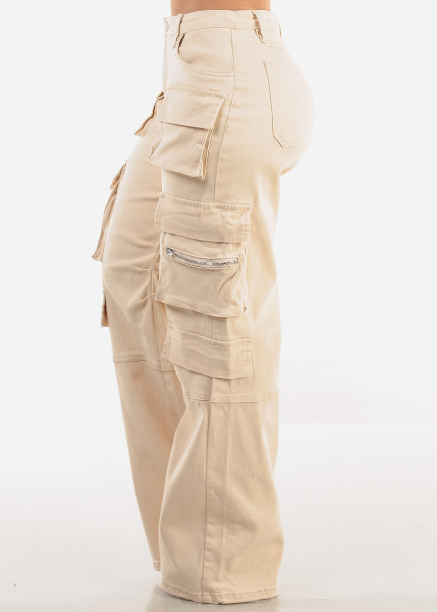 High Waist Straight Wide Leg Cargo Jeans Cream