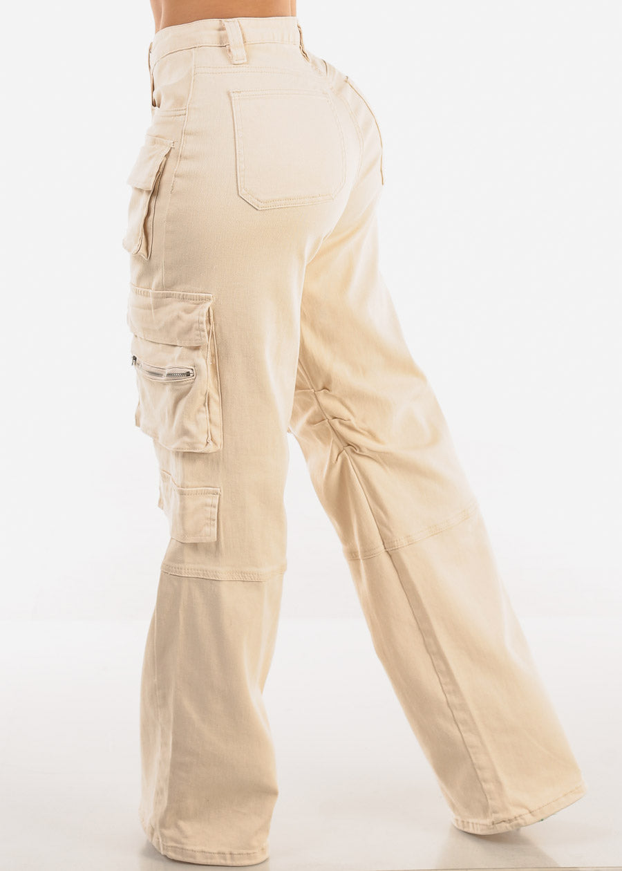 High Waist Straight Wide Leg Cargo Jeans Cream