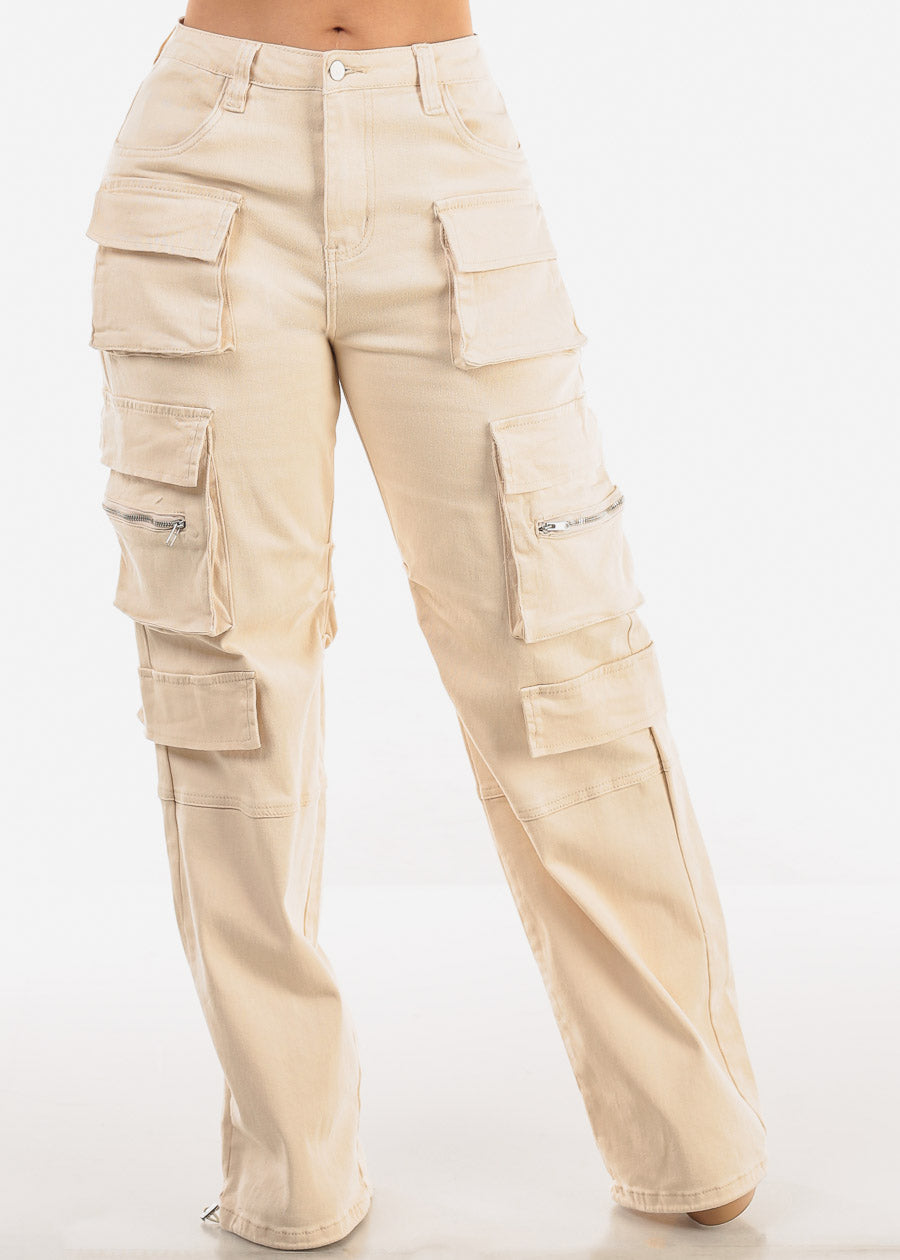 High Waist Straight Wide Leg Cargo Jeans Cream