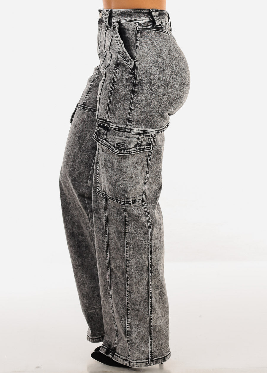 High Waist Straight Wide Legged Cargo Jeans Black Acid Wash